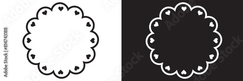 Circle scalloped frames. Scalloped edge rectangle and ellipse shapes. Simple label and sticker form. Flower silhouette lace frame. Vector illustration isolated on white and black background. EPS 10