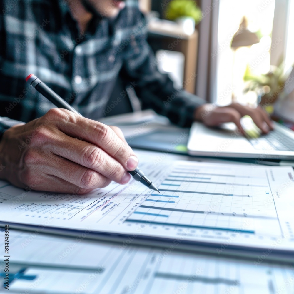 Fototapeta premium Project manager working with Gantt chart planning schedule, tracking milestones and updating tasks progress, scheduling and management skills, program strategy.