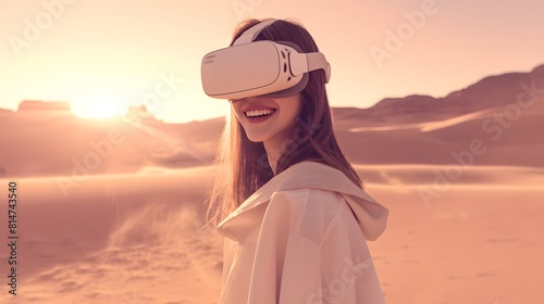 Futuristic Woman in VR Glasses Explores Desert Landscape 