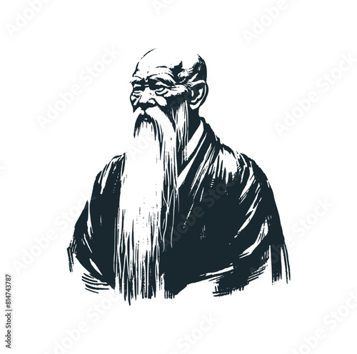 The chinese monk scholar. Black white vector illustration logo. photo