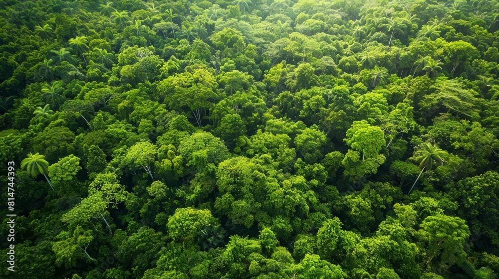 Aerial view of a dense tropical rainforest, lush green canopy stretching endlessly, suitable for environmental conservation themes