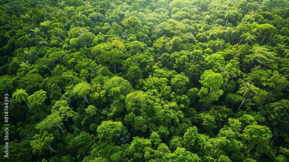 Aerial view of a dense tropical rainforest, lush green canopy stretching endlessly, suitable for environmental conservation themes Aerial view of a dense tropical rainforest, lush green canopy stretching endlessly, suitable for environmental conservation themes