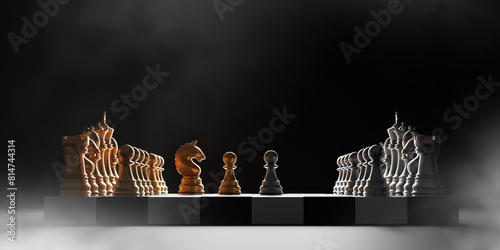 Gold and silver chess pieces on black background with smoke 3D render © ArtBackground