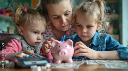 A mother with daughters putting money into a piggybank. Family saving and budget planning