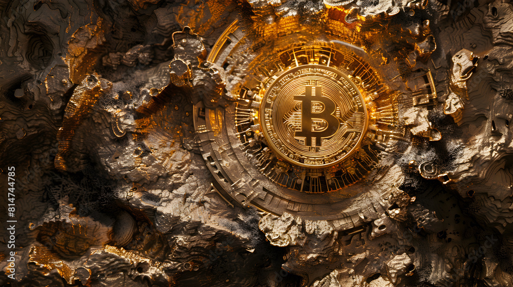 Fototapeta premium Gold Bitcoin Engraved in the Rock