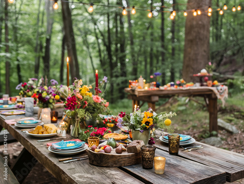Romantic  rustical and opulent summer garden party at sunset