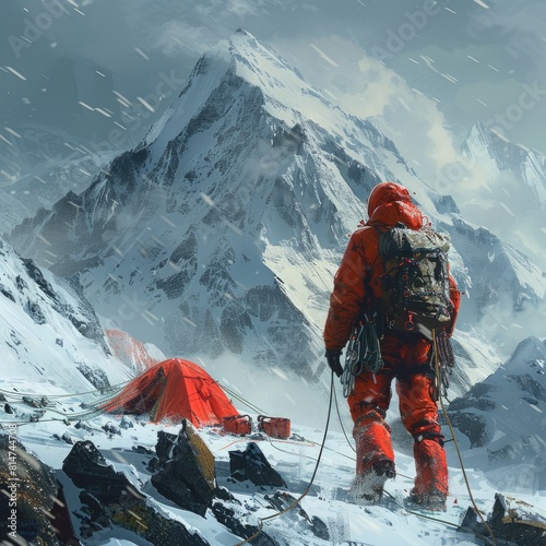 A mountaineer in red protective suit and backpack standing with an ice axe on the snowy mountain slope with a large peak in the background and a tent nearby.