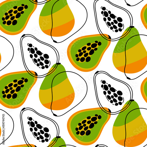 Pattern of vector illustrations depicting whole and sliced papaya with color, offset contour, ideal for packaging office supplies, food, clothing, paper. Cute repetitive chaotically seamless texture