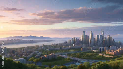 Fictional cityscape during golden hour