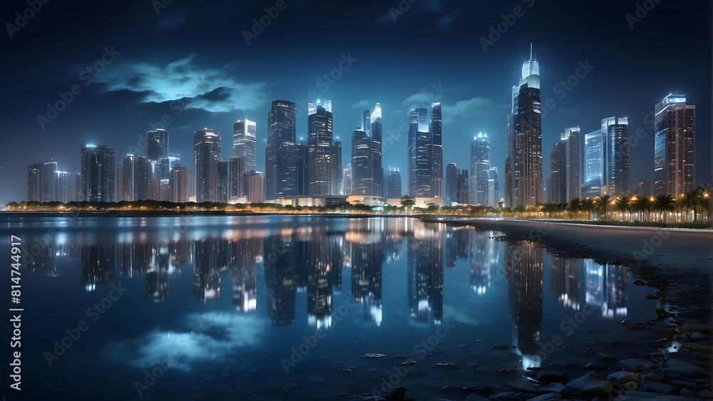 Nighttime city skyline with water reflections