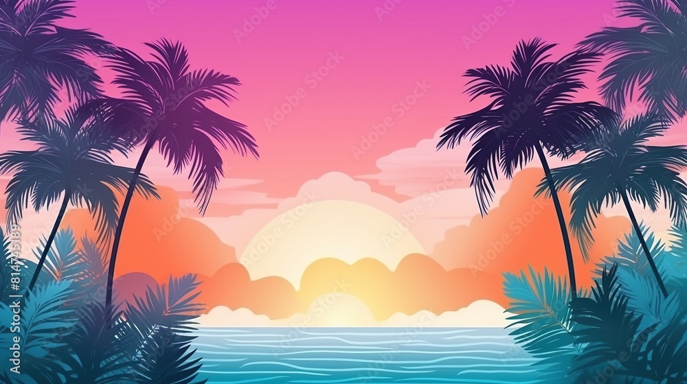 Serene tropical sunset scene featuring palm trees and water, perfect for a relaxing atmosphere. A tranquil tropical sunset setting with palm trees.