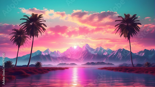 Palm trees and pink mountain landscape