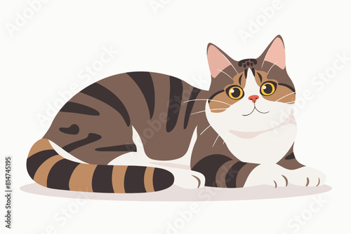 Illustration of a tabby cat on a white background. Tabby cat lies resting.