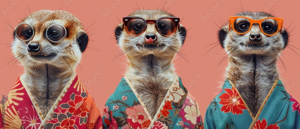 Image of meerkats in traditional Japanese kimonos, each detailed with vibrant colors, against a soft pink background, great for cultural apparel promotions