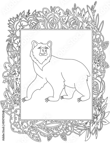 Bear in A Floral Frame Coloring Page. Printable Coloring Worksheet for Kids. Educational Resources for School and Preschool.