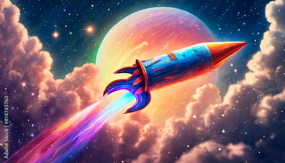 Fototapeta premium Vibrant Rocket Ship Soaring through the Starry Sky