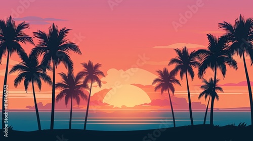 Palm trees silhouetted against a vibrant sky  Tranquil tropical sunset setting with palm trees and the ocean in the backdrop