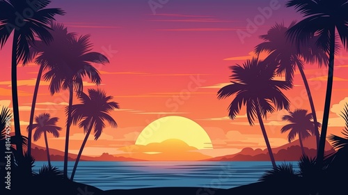 Palm trees silhouetted against a vibrant sky  Tranquil tropical sunset setting with palm trees and the ocean in the backdrop