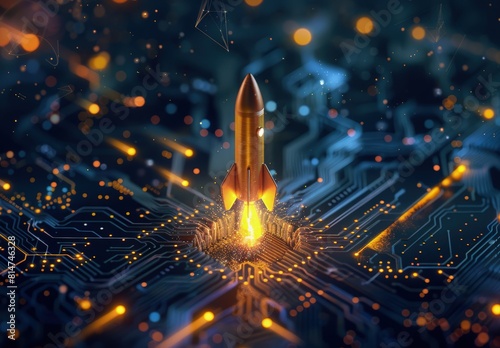Golden rocket taking off at the bottom of an electronic circuit board, concept of technology, artificial intelligence, startup.
