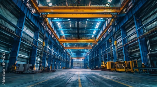 Overhead crane in an industrial warehouse captured in cool tones. photo