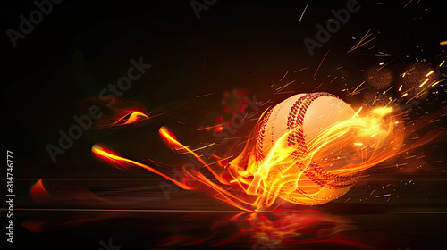 A stunning photorealistic image of a fiery cricket ball in motion on a pitch under powerful floodlights and set against a black background, capturing the excitement and energy of the sport. photo