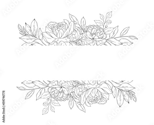 Vector floral frame with peony flowers  hand drawn wedding card design  botanical border  hand drawn line art floral illustration  