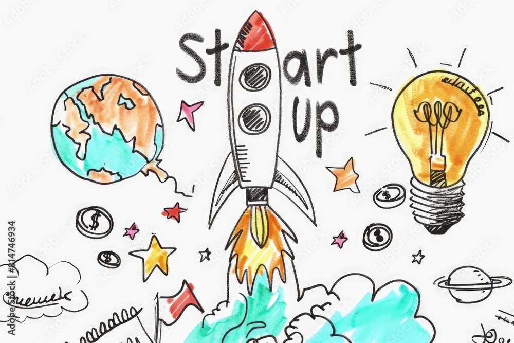 Hand drawing with rocket, light bulb and coins, word startup in the background, concept of idea, business. Hand drawing with rocket, light bulb and coins, word startup in the background, concept of idea, business.