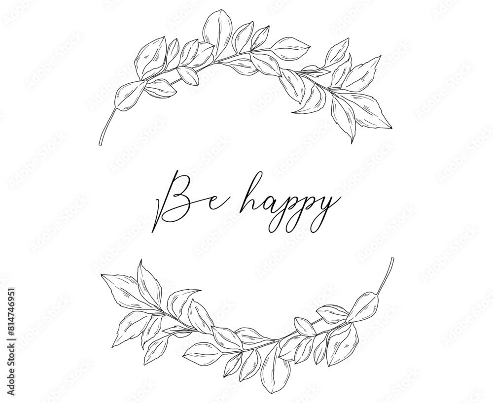 Floral wreath of branches, hand drawn wedding card design, botanical border, hand drawn line art floral illustration