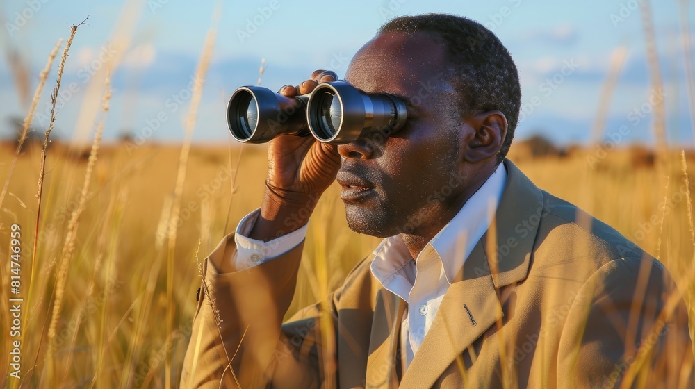 Obraz premium Photo of a businessman on a safari, using binoculars to spot rare animals, paralleled with searching for unique investment opportunities