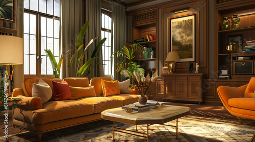 Contemporary living space adorned with vibrant and chic furniture pieces  exuding warmth and style in the drawing room