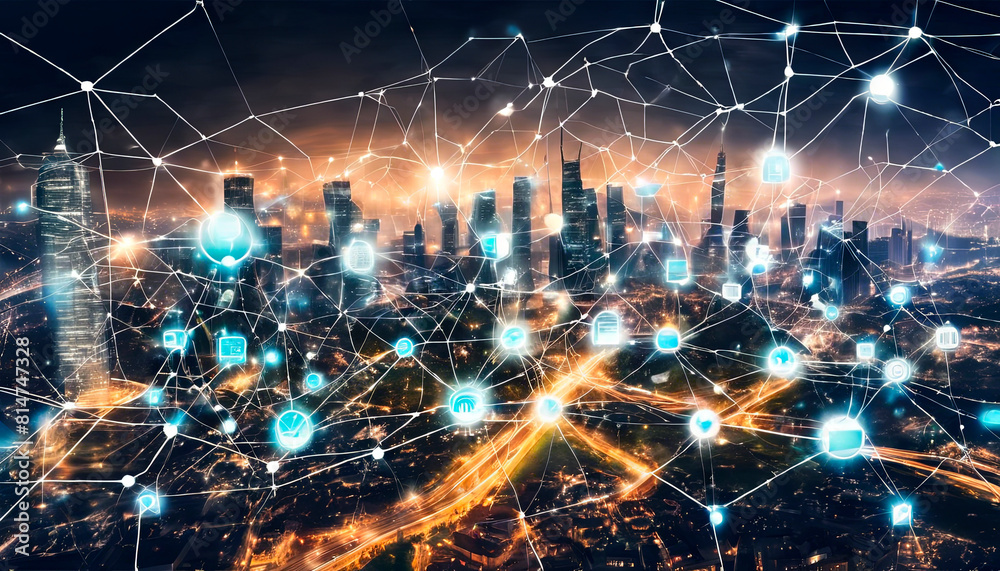 Fototapeta premium Smart city with connecting network and internet of.