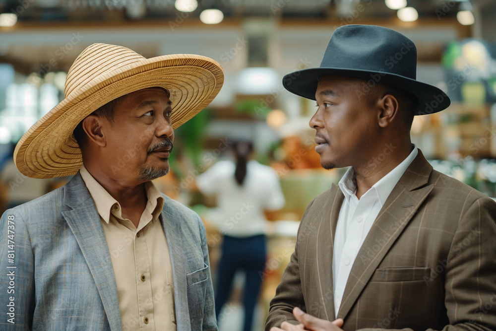 A Thai farmer, adorned with a straw hat, seeks counsel from a Black bank teller in sharp suit in a bustling financial institution A Thai farmer, adorned with a straw hat, seeks counsel from a Black bank teller in sharp suit in a bustling financial institution