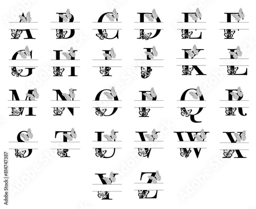 Set of vector monogram letters with butterflies, split letters, butterfly alphabet