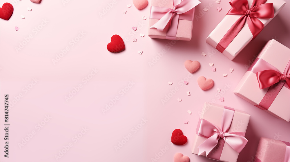Pink gift boxes with red and pink ribbon bows on the light pink background, concept of love Pink gift boxes with red and pink ribbon bows on the light pink background, concept of love