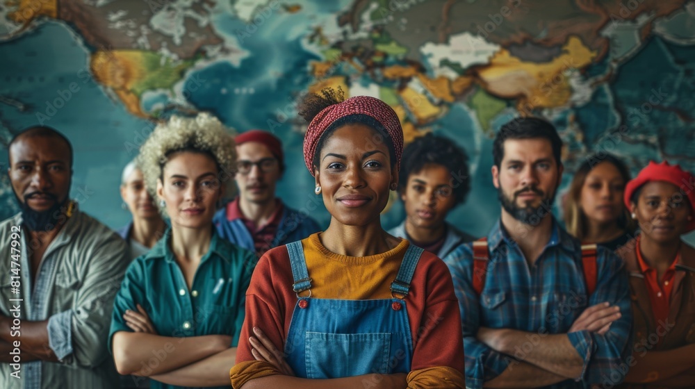 A diverse group of workers from around the globe, united in solidarity, stand shoulder to shoulder in front of a world map A diverse group of workers from around the globe, united in solidarity, stand shoulder to shoulder in front of a world map