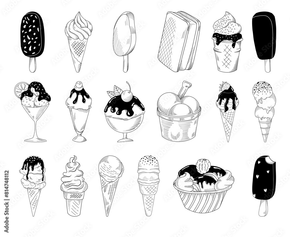 Set of vector hand drawn ice cream cones, popsicle, line art food drawing