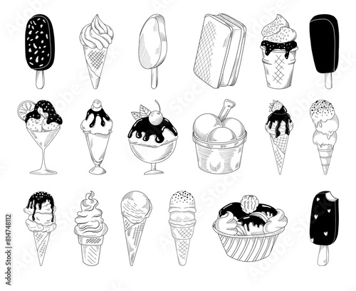 Obraz na płótnie Set of vector hand drawn ice cream cones, popsicle, line art food drawing w salonie