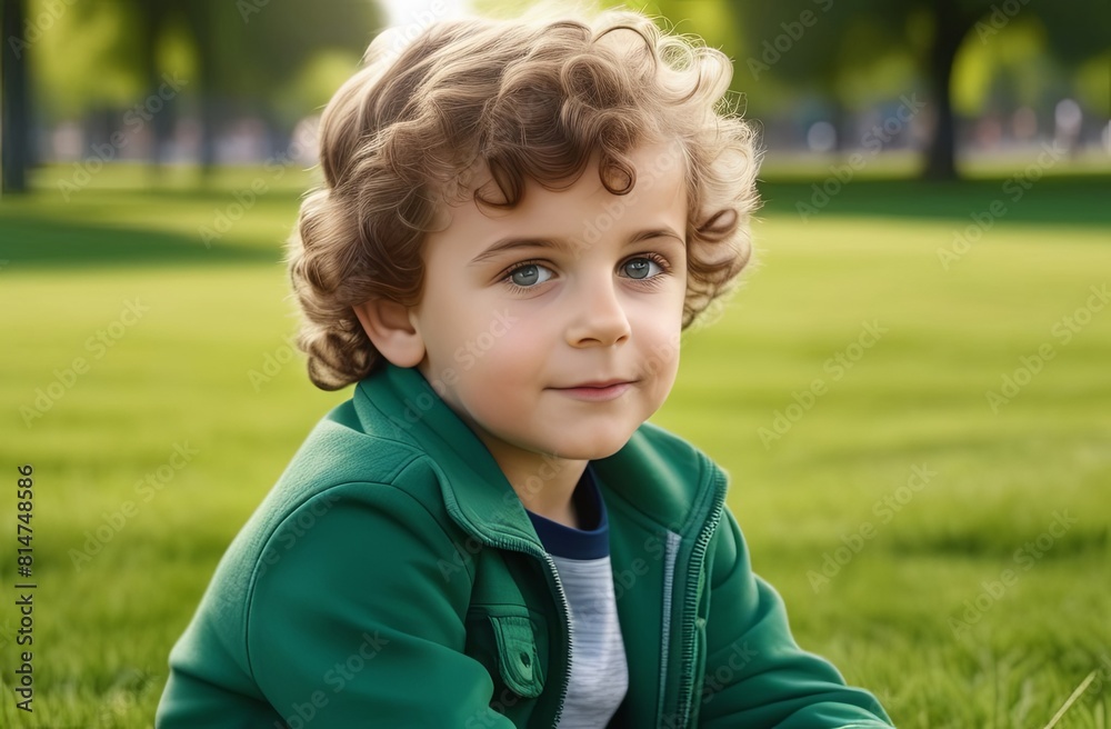 Nice portrait of a little smiling boy with curly hair and brown eyes, looking at camera