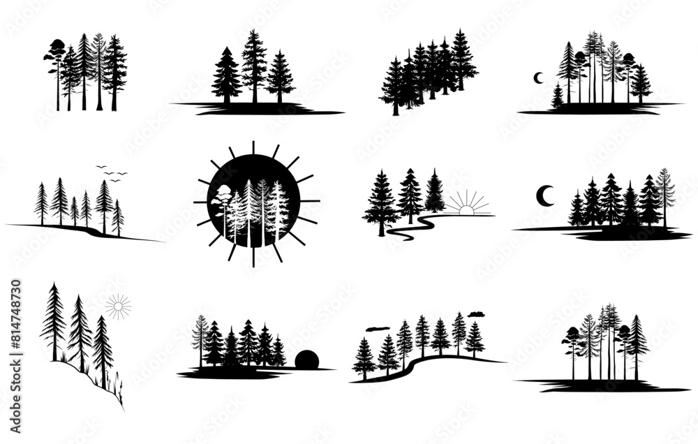 Set of vector hand drawn nature and forest illustrations, line art drawing