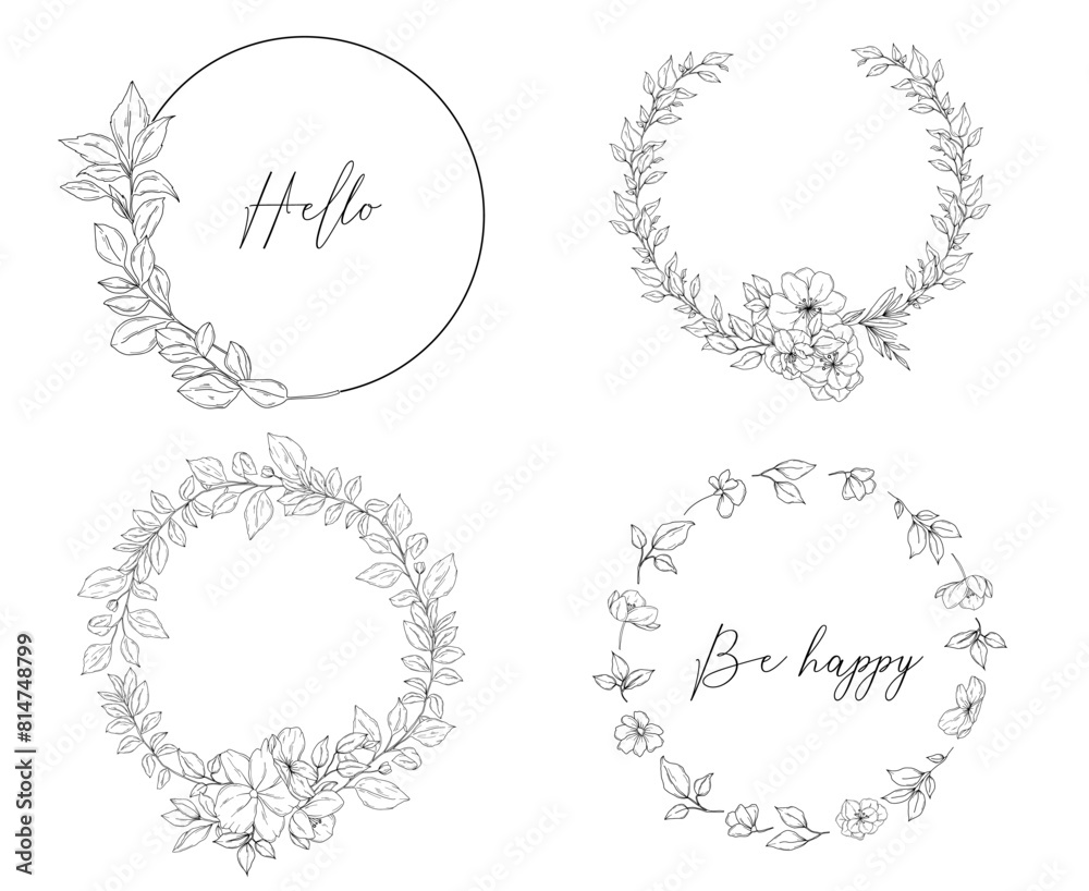 Vector set of elegant floral wreaths with branches and flowers, hand drawn wedding card design, botanical borders, hand drawn line art floral illustration Vector set of elegant floral wreaths with branches and flowers, hand drawn wedding card design, botanical borders, hand drawn line art floral illustration