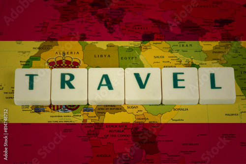 Wallpaper Mural Spain flag with travel text, vacation in Spain idea, travel abroad concept, tourism and trip  Torontodigital.ca