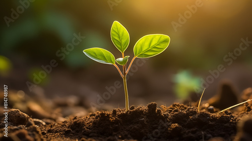 Green plant grows in soil, concept growth of sprouts and agriculture, back light background
