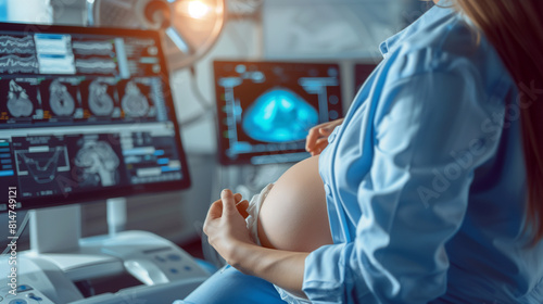 Doctor ultrasonic during ultrasound medicine examination of pregnant patient. Maternity, pregnancy concept. 