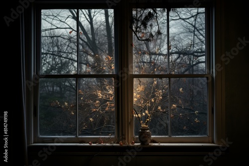 Tranquil scene captured through a window  showcasing the harmony of indoor warmth and the dusky outdoors