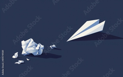Paper airplane and a crumpled piece of white paper on a dark blue background, business concept.