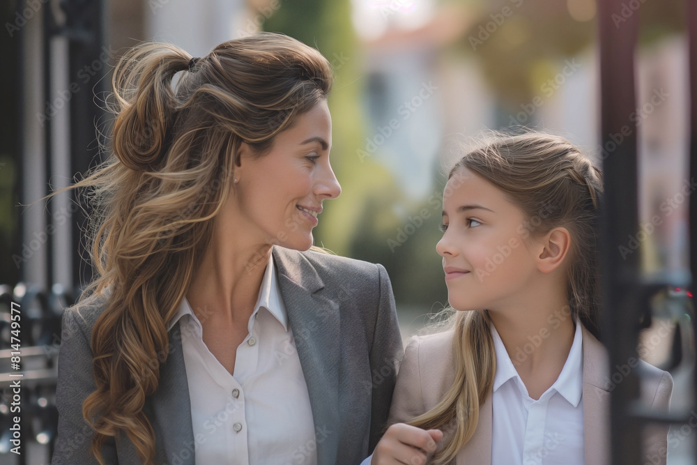 In the serene streets of their European School Front Gate, beautiful Woman walks her daughter to school. The mother, clad in her professional suit, and her daughter, dressed in a light summer school In the serene streets of their European School Front Gate, beautiful Woman walks her daughter to school. The mother, clad in her professional suit, and her daughter, dressed in a light summer school