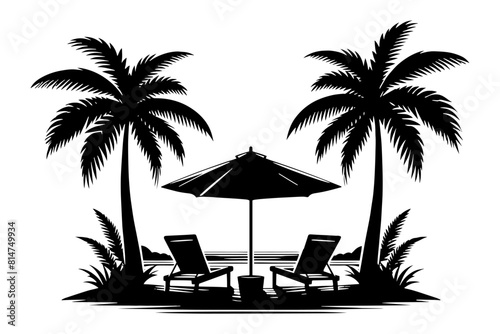 Silhouette of a Tropical beach scene with two palm trees and lounge chairs. Vacation concept. Vector illustration
