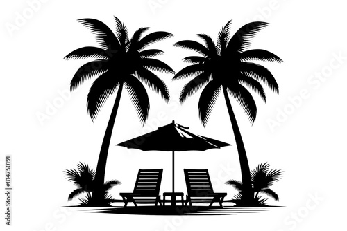 Silhouette of a Tropical beach with two palm trees and lounge chairs. Vacation concept. Vector illustration