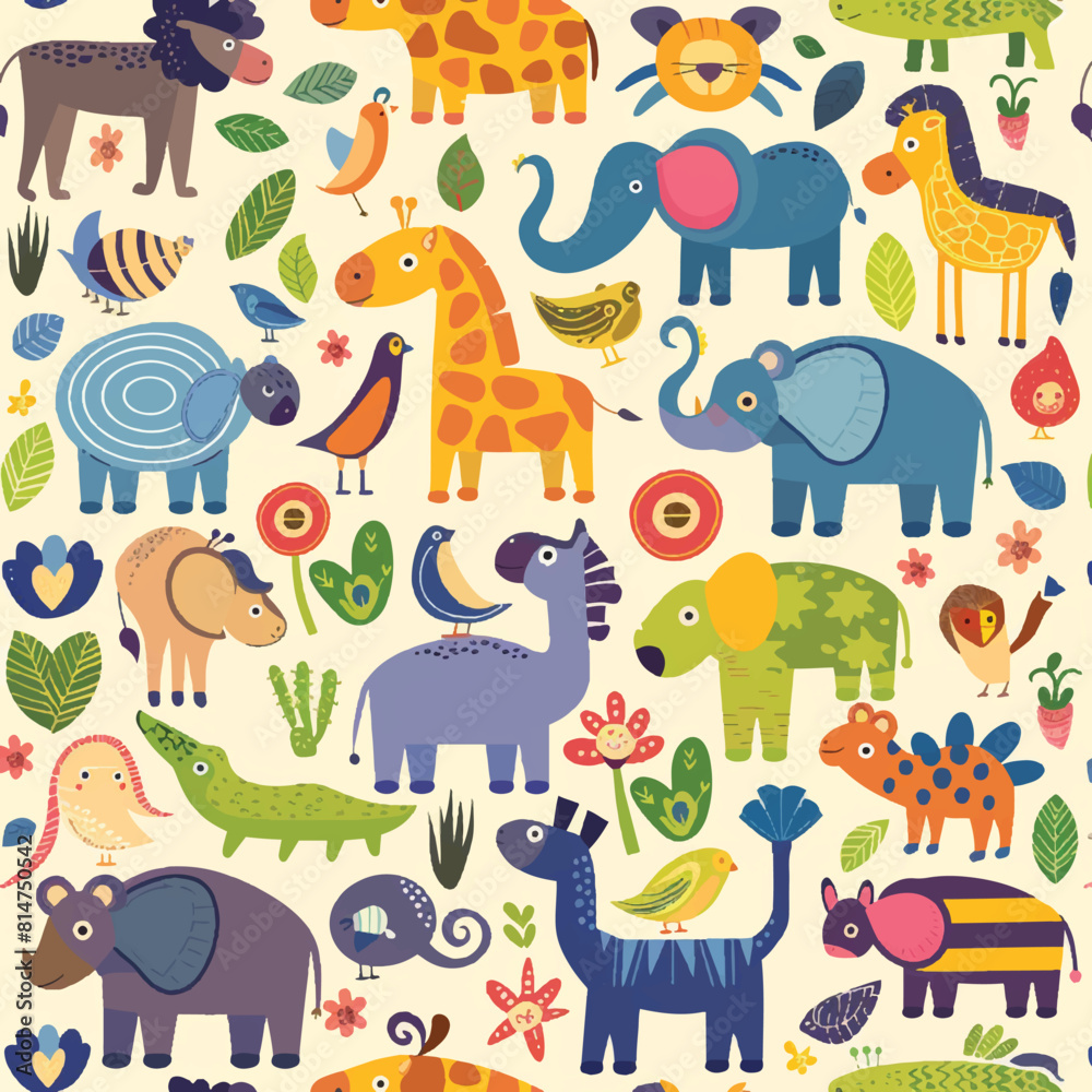 Fototapeta premium kids room animals, hand-drawn tiled patterns and textures, repeatable tiling shapes for fashion, fabric, design backgrounds, and more.