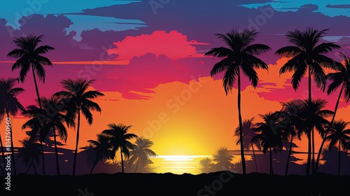 Beautiful sunset over the ocean with palm trees in the foreground. Palm trees and ocean under a colorful tropical sunset sky. © ArtWorld